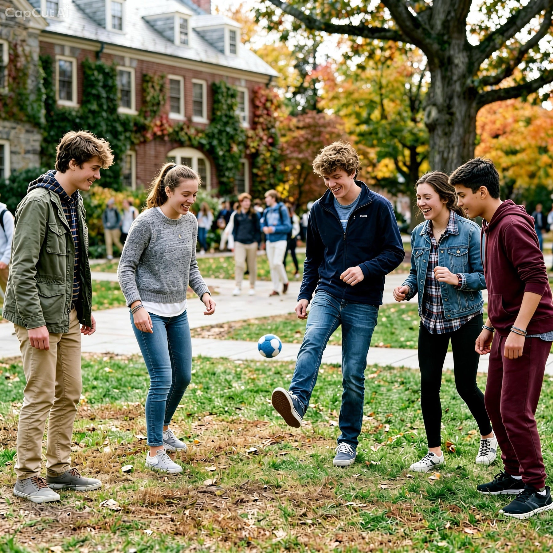 Friends playing hacky sack on a campus lawn